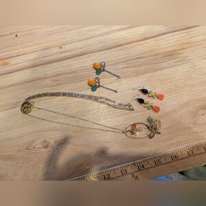 Gold and Orange Pendant Necklace and Earring Set